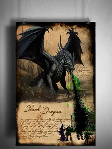 Black Dragon art print, fantasy monster dungeons and dragons artwork