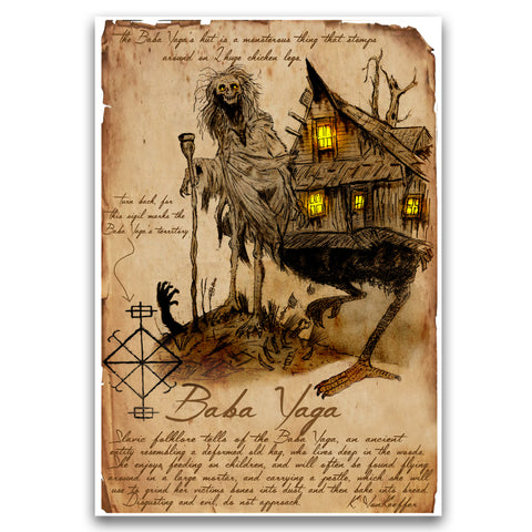 Baba Yaga, slavic folklore witch art, bestiary journal art, monsters and folklore