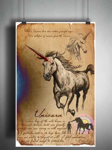 Unicorn mythology art, urban legend bestiary cryptozoology science journal art, monsters and folklore,