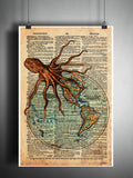 Octopus art, world map, victorian steampunk,  lovecraft octopus, dictionary page art print