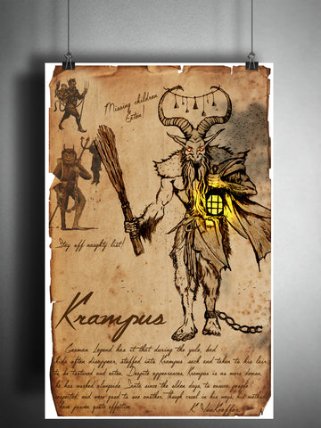 Krampus christmas art, urban legend bestiary cryptozoology science journal art, monsters and folklore,