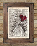 Steampunk clockwork heart, vintage anatomy ribcage, dictionary page book art print -  - 2