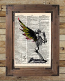 Creepy skeleton, Fallen Angel art, winged skeleton fairy, death angel, creepy art,  vintage dictionary page book art print -  - 2
