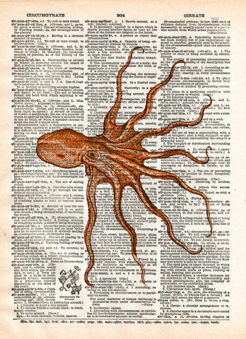 Octopus print, nautical print, steampunk octopus, dictionary page art print -  - 1