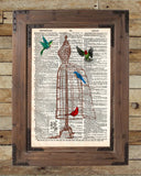 Dress form birdcage, hummingbird art, vintage dictionary page art print -  - 2