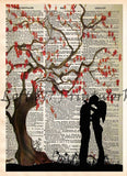 Kissing under a cherry blossom tree, falling in love romantic art print, dictionary art print -  - 1