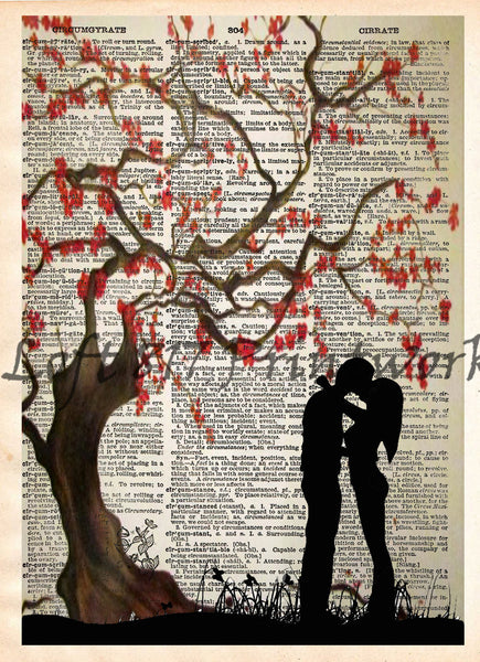 Kissing under a cherry blossom tree, falling in love romantic art print, dictionary art print -  - 1