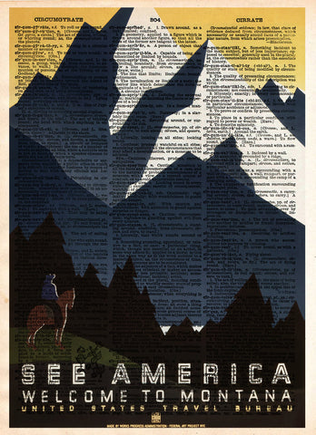 WPA national park poster, Montana wall art, vintage sign, art deco vintage wall decor, dictionary page print -  - 1