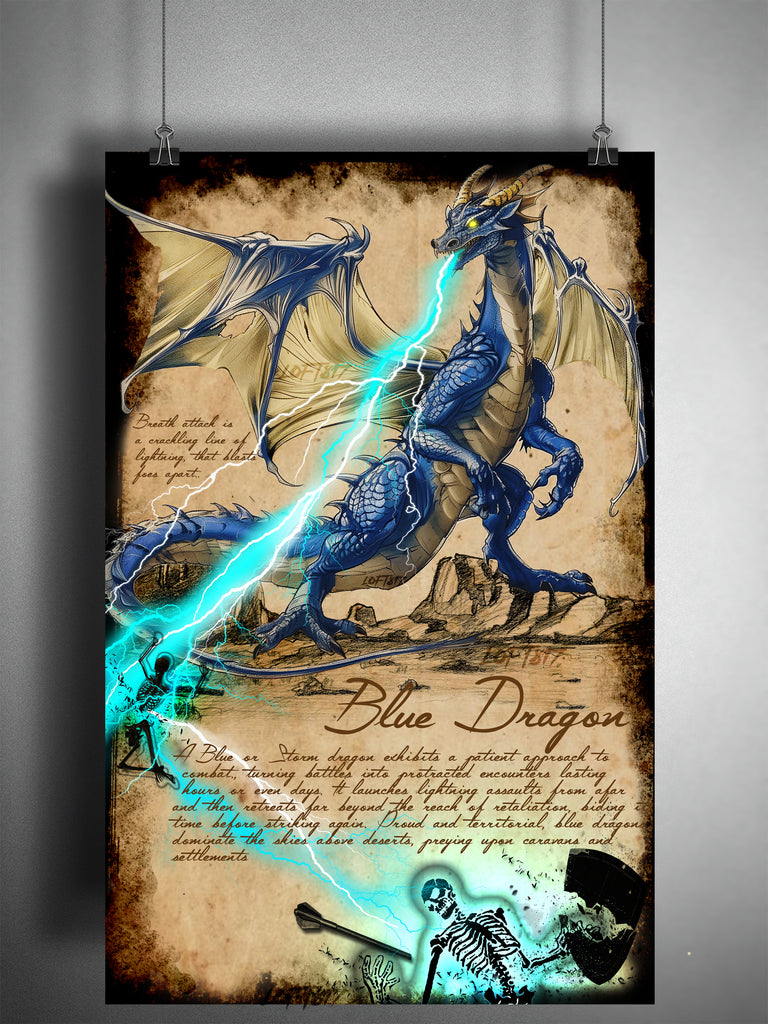 blue dragon monsters Blue Dragon art print, storm lightning dragon, dungeons and dragons fantasy monster artwork 11x17