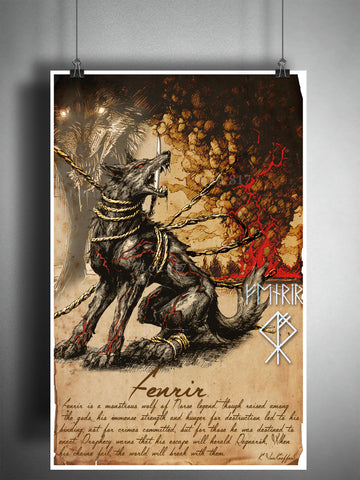 Fenrir, Norse mythology art, bestiary journal art, monsters and folklore