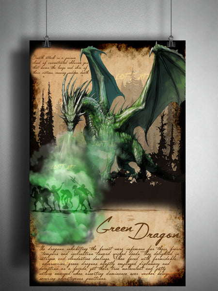 Green Dragon art print, fantasy monster dungeons and dragons artwork