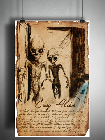 Grey Alien. Roswell folklore art, bestiary journal art, monsters and cryptids