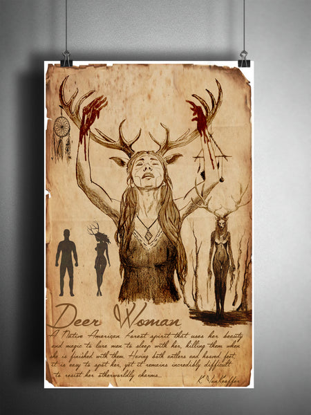 Deer Woman art, Native American legends, creepy horror artwork, myths and monsters bestiary,