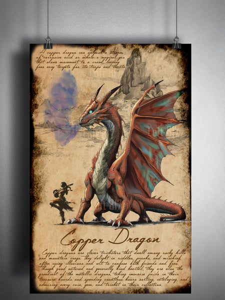Copper dragon art print, dungeons and dragons monster manual art, Metallic dragons, fantasy monster artwork