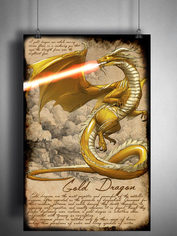 Gold dragon art print, dungeons and dragons monster manual art, Metallic dragons, fantasy monster artwork