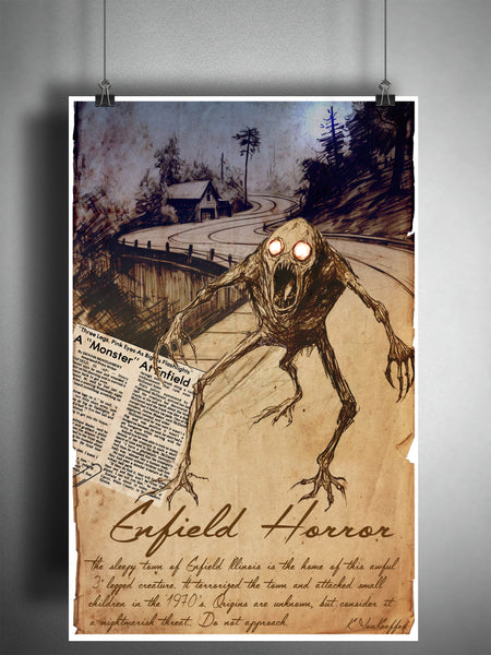 Enfield Horror Illinois cryptid folklore art, bestiary journal art, monsters and folklore