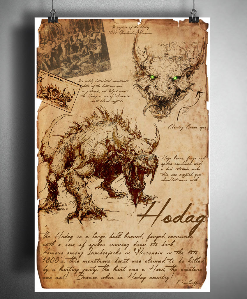 wisconsin monsters Hodag, Wisconsin cryptid, creepy horror artwork, myths and monsters bestiary 11x17