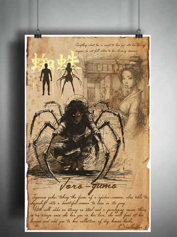 Jorogumo, spider woman, Japanese Yokai, folklore art, bestiary journal art, monsters and folklore, arachnaphobia