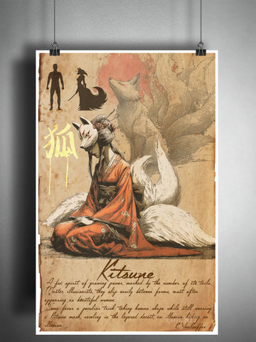 Kitsune, Japanese  folklore art, Fox spirit yokai, myths monsters and cryptids