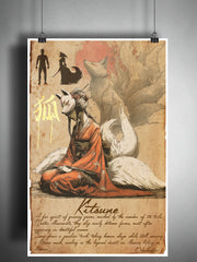 Kitsune, Japanese folklore art, Fox spirit yokai, myths monsters