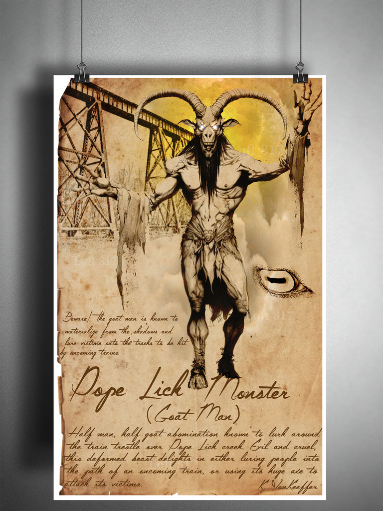 kentucky monsters Goat man, the Pope Lick Monster Kentucky folklore, legends, creepy horror artwork, myths and monsters bestiary,
