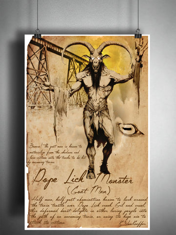 Goat man, the Pope Lick Monster Kentucky folklore, legends, creepy horror artwork, myths and monsters bestiary,