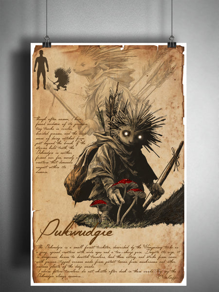 Pukwudgie forest goblin art, urban legend bestiary cryptozoology science journal art, monsters and folklore