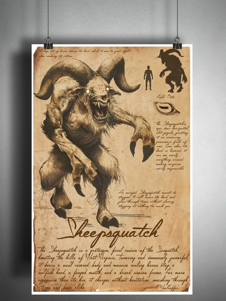 Sheep Squatch cryptid art, bestiary cryptozoology science journal art, monsters and folklore