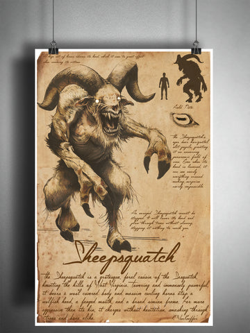 Sheep Squatch cryptid art, bestiary cryptozoology science journal art, monsters and folklore