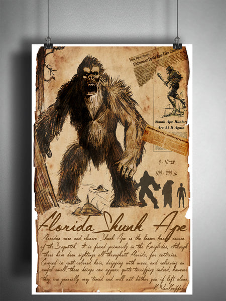 Florida Skunk Ape cryptid art, bestiary cryptozoology science journal art, monsters and folklore