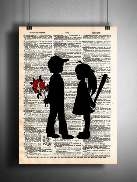 Girl with bat, boy with flower art print. Banksy inspired art print. boy meets girl art -  - 1