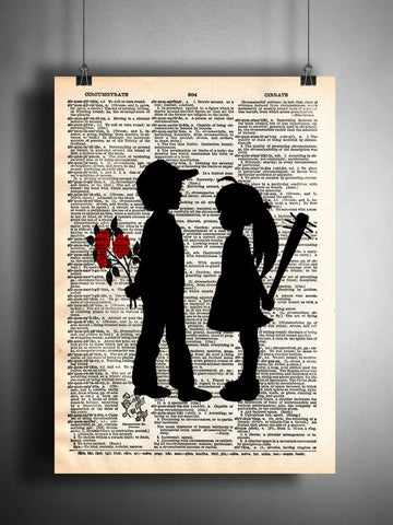 Girl with bat, boy with flower art print. Banksy inspired art print. boy meets girl art -  - 1