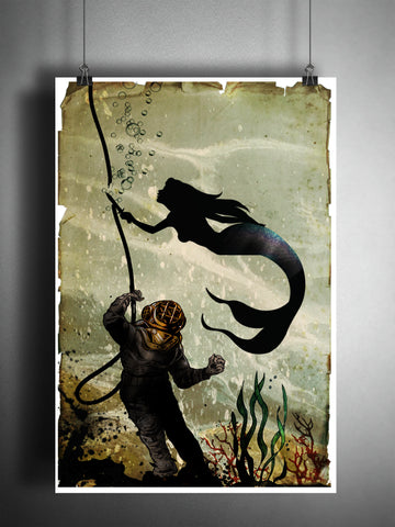 Mermaid and diver art print, creepy mermaid nautical decor