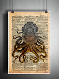 Octopus art,  diving helmet, victorian steampunk, lovecraft octopus, dictionary page art print