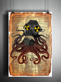 Octopus with gas mask, victorian steampunk, lovecraft octopus, dictionary page art print