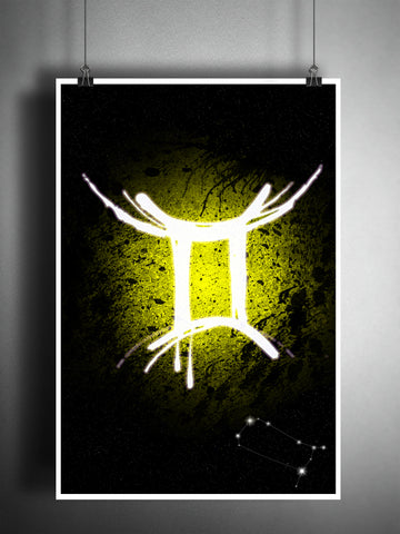 Gemini zodiac sign art, horoscope symbol artwork, Yellow air element