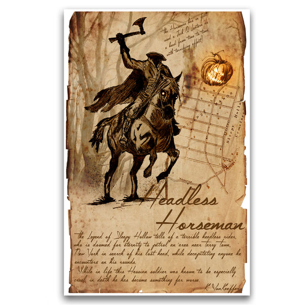 Headless Horseman, Legend of Sleepy Hollow folklore, legends, creepy horror artwork, myths and monsters bestiary,