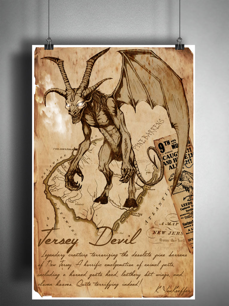 monsters of new jersey Jersey Devil cryptid art, urban legend bestiary cryptozoology science journal art, monsters and folklore, 13x19