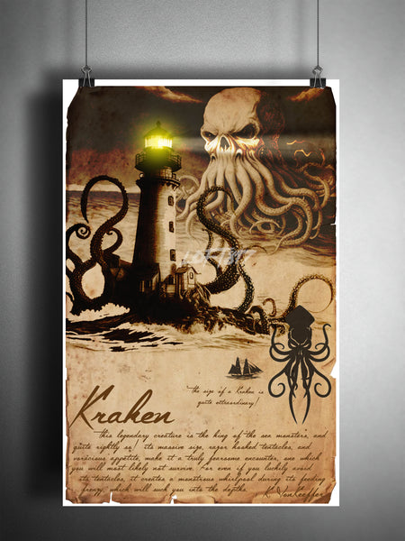 Kraken art, sea monster, creepy horror artwork, myths and monsters bestiary, cryptid artwork