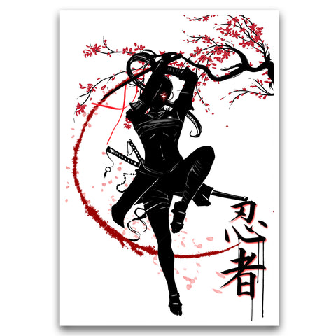 Ninja girl with cherry blossoms, Japanese Ninja kanji, Japanese ink painting