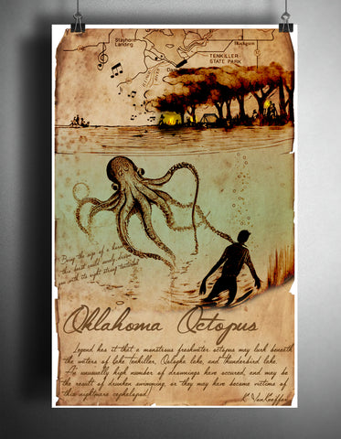 Oklahoma Octopus, cryptid art, bestiary journal art, monsters and folklore