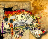 Rhino splatter art, Mechanical animal colorful decor, old map artwork, world art