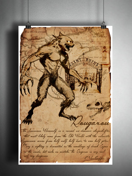 Rougarou Louisiana werewolf cryptid art, urban legend bestiary cryptozoology science journal art, monsters and folklore,