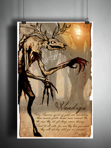 Wendigo cryptid art, bestiary cryptozoology science journal art, monsters and folklore, american indian folklore