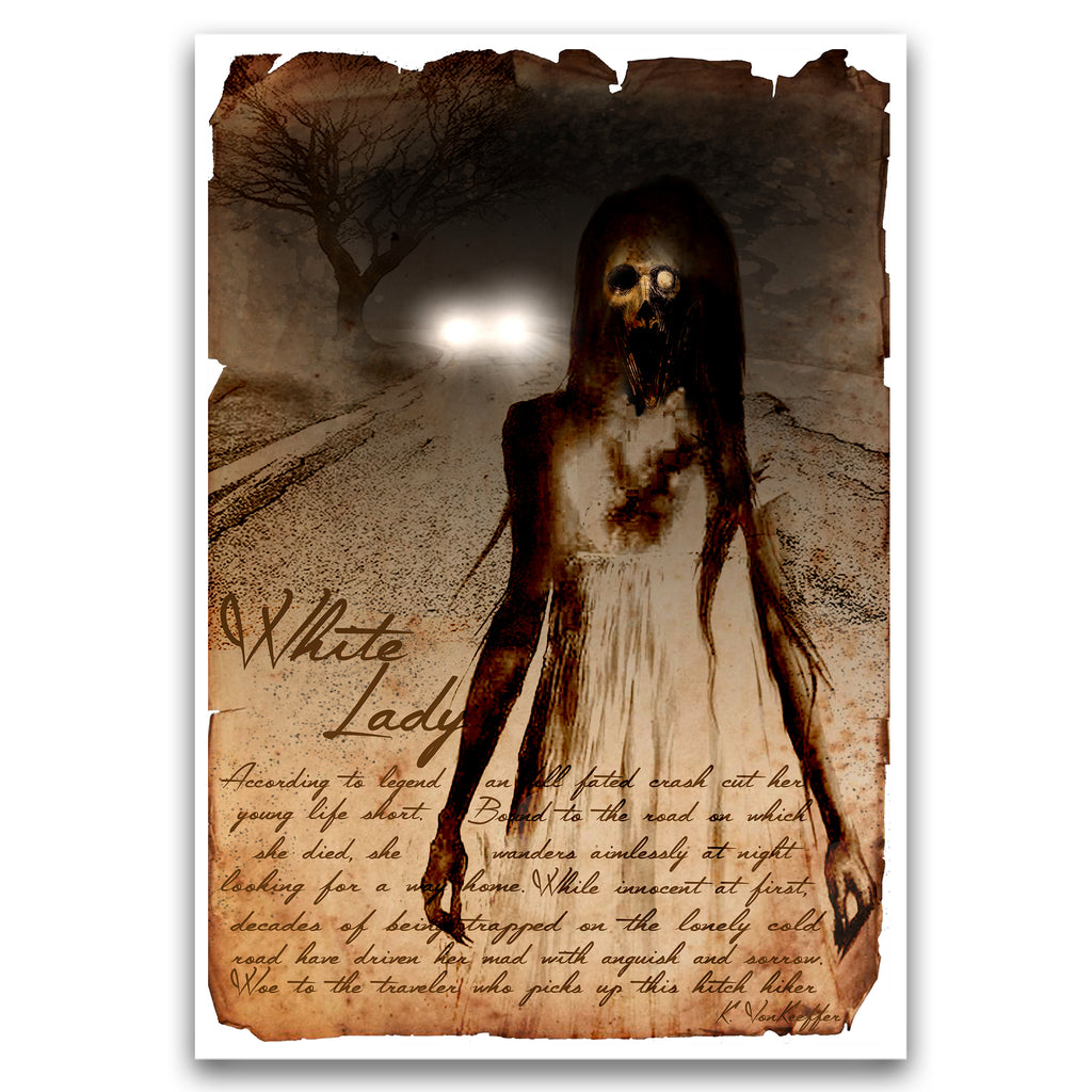 urban legend monsters The white lady, hitch hiker ghost cryptid art, urban legend bestiary horror science journal art, monsters and folklore,