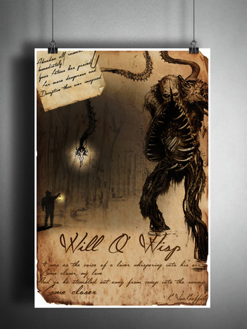 Will O Wisp cryptid art, bestiary cryptozoology science journal art, monsters and folklore