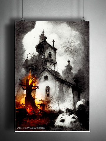 All Are Welcome Here, the burning of a witch at the stake, Digital charcoal horror artwork