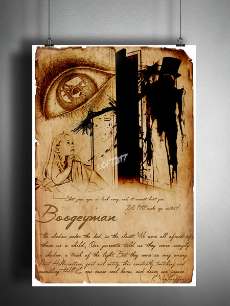 Boogieman cryptid art, urban legend bestiary cryptozoology science journal art, monsters and folklore,