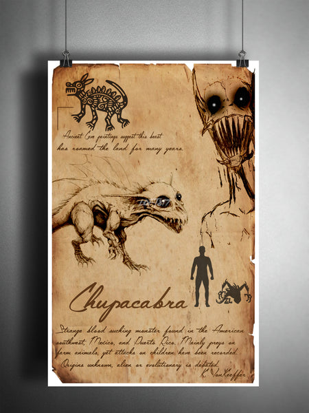Chupacabra cryptid art, urban legend bestiary cryptozoology science journal art, monsters and folklore,