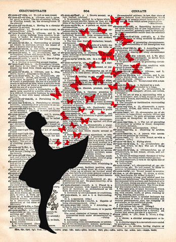 Girl with butterflies, Butterfly art, banksy style art, red butterfly art print